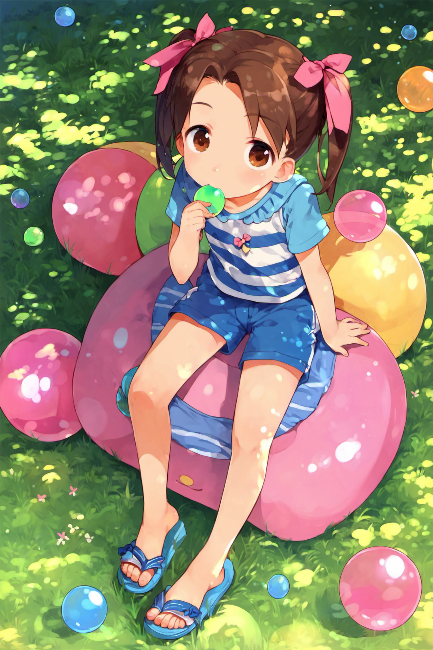 25913-1685132774-score_8_up,Miu Matsuoka,1girl,solo,bubble blowing,twintails,sandals,brown hair,bubble,shorts,sitting,striped,blue shorts,ribbon,.png